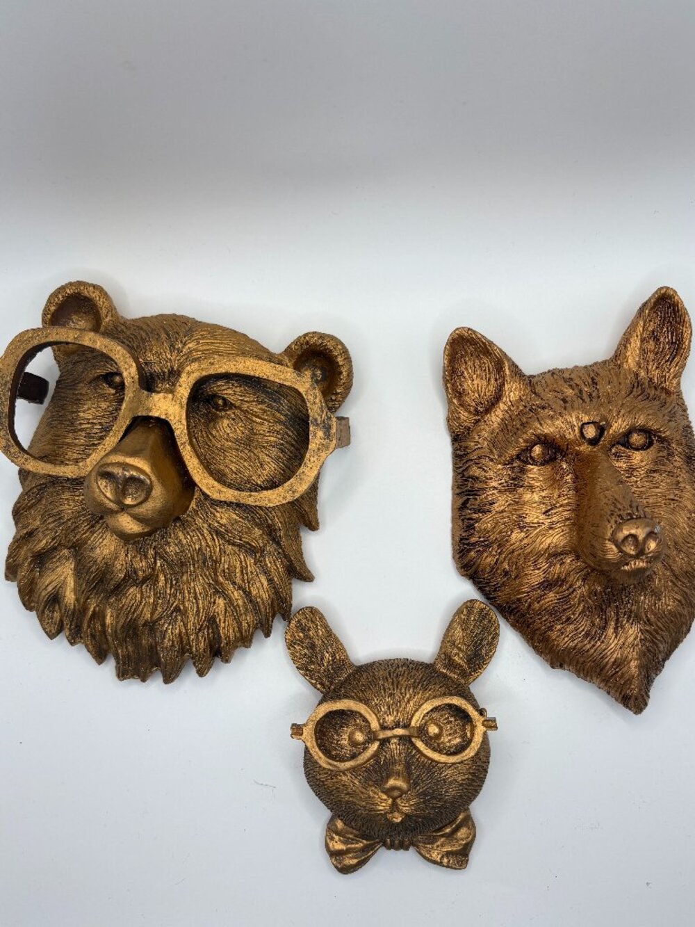 Gold Resin Animal Head Wall Decor Set Bear Fox Mouse Glasses Faux Taxidermy